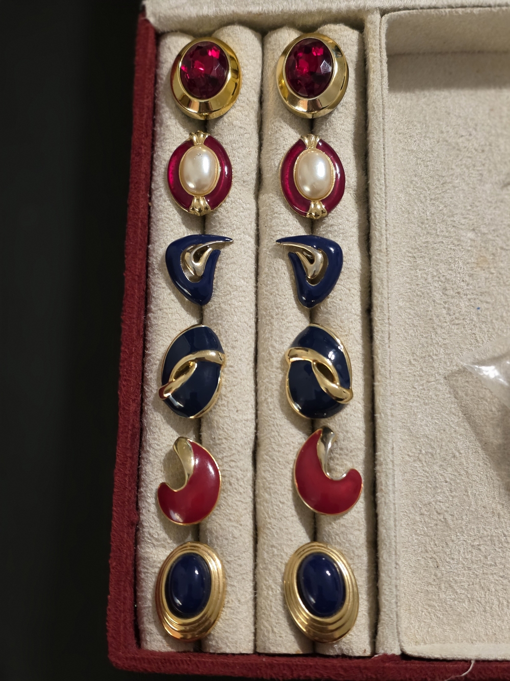 Vintage Bundle Of Gold-Tone Navy & Red Pierced Earrings, 1 with Pearl Accent